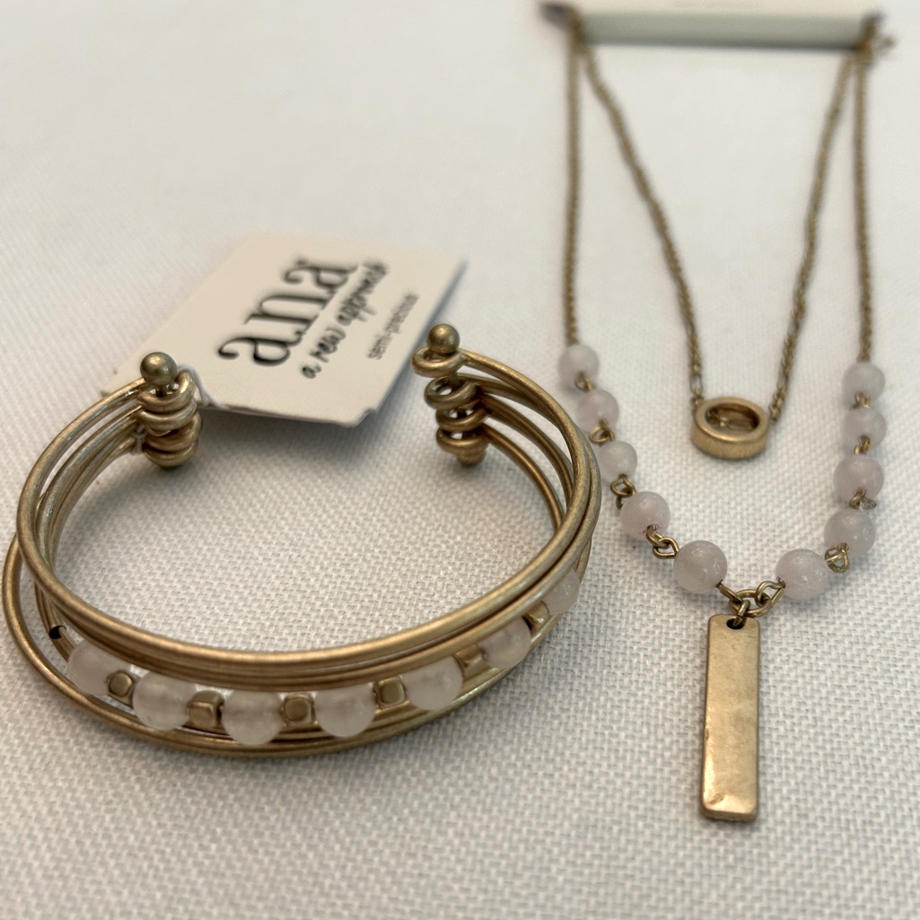 A.N.A Semi-Precious Bracelet And Necklace Set Gold Tone & Milky White Beads- Nwt
